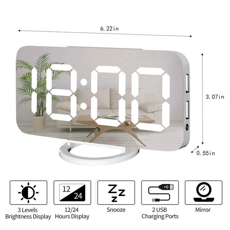Miowachi ساعة منبه رقمية بيضاء من Miowachi لغرف النوم وطاولة مكتب صغيرة بجانب السرير ومنضدة لطيفة مزخرفة بإضاءة LED مرآة لغرفة المنزل والمكتب وشاحن USB - Image 5